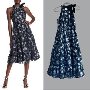 KATE SPADE Navy & Black Floral Jacquard Velvet Bow Fit & Flare Halter Midi Dress
